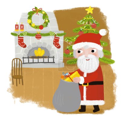 Téléchargez les photos : Dessin animé joyeux Noël scène avec gai Père Noël visite maison avec des cadeaux debout près de la cheminée illustration pour les enfants - en image libre de droit