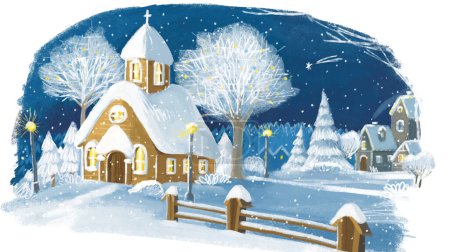 Téléchargez les photos : Dessin animé scène heureuse avec l'hiver scène de Noël avec petite église en bois classique et illustration étoile filante pour les enfants - en image libre de droit