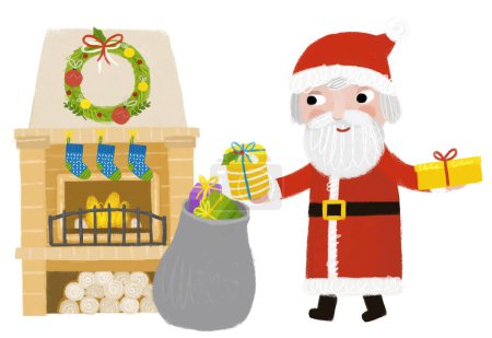 Téléchargez les photos : Dessin animé joyeux Noël scène avec cheminée chaude décorée avec des cadeaux et santa claus illustration pour enfants - en image libre de droit