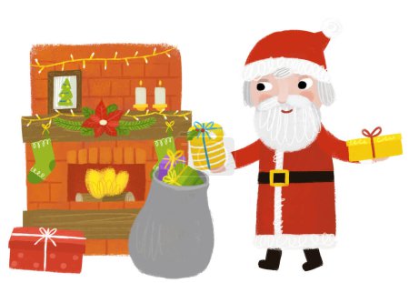 Photo for Cartoon happy christmas scene with decorated warm fireplace chimney with presents and santa claus illustration for kids - Royalty Free Image