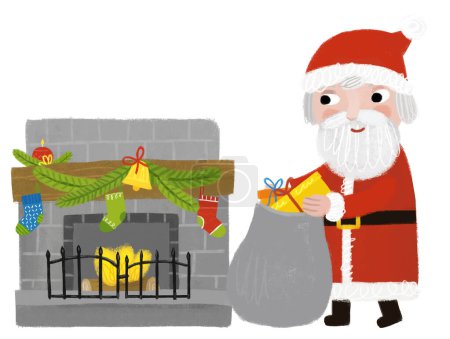 Téléchargez les photos : Dessin animé joyeux Noël scène avec cheminée chaude décorée avec des cadeaux et santa claus illustration pour enfants - en image libre de droit