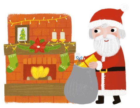 Foto de Dibujos animados feliz escena de Navidad con chimenea cálida decorada con regalos e ilustración de Santa Claus para niños - Imagen libre de derechos