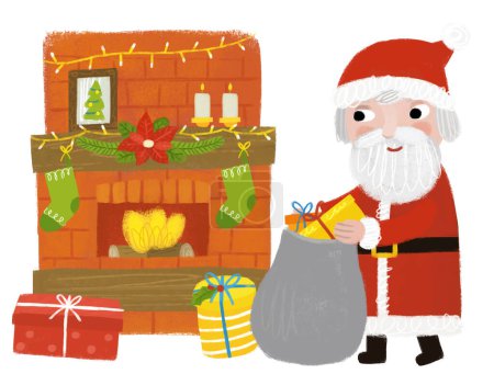 Foto de Dibujos animados feliz escena de Navidad con chimenea cálida decorada con regalos e ilustración de Santa Claus para niños - Imagen libre de derechos