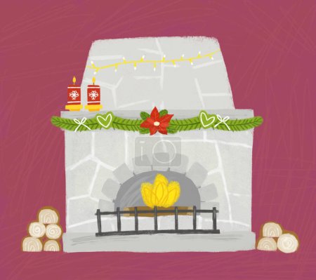 Foto de Dibujos animados feliz escena de Navidad con chimenea cálida decorada con regalos ilustración para niños - Imagen libre de derechos