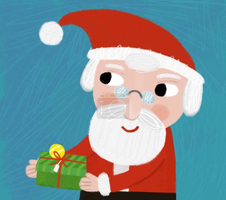 Photo for Cartoon scene with happy santa calus holding present and smiling illustration for kids - Royalty Free Image
