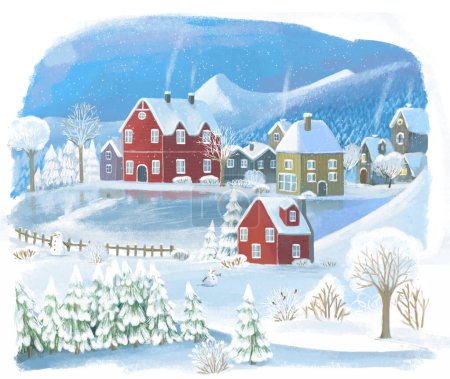 Foto de Dibujos animados Navidad invierno feliz escena con la ciudad en la nieve ilustración para los niños - Imagen libre de derechos