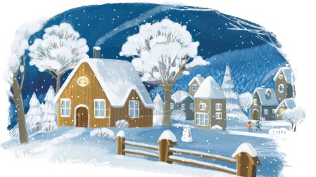 Photo for Cartoon christmas winter happy scene with town in snow illustration for kids - Royalty Free Image