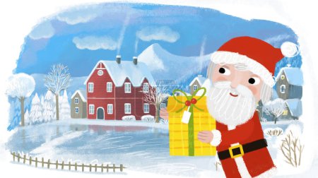Téléchargez les photos : Dessin animé Noël hiver scène heureuse avec la ville dans la neige illustration pour les enfants - en image libre de droit