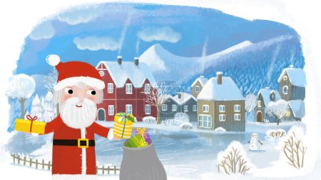 Foto de Dibujos animados Navidad invierno feliz escena con la ciudad en la nieve ilustración para los niños - Imagen libre de derechos