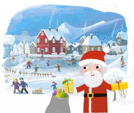 Téléchargez les photos : Dessin animé Noël hiver scène heureuse avec la ville dans la neige illustration pour les enfants - en image libre de droit