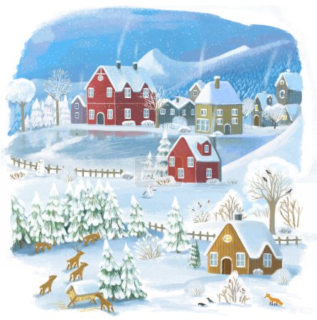 Téléchargez les photos : Dessin animé scène de Noël avec la ville en hiver avec des animaux sauvages près de la ville illustration pour les enfants - en image libre de droit