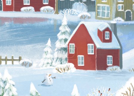 Téléchargez les photos : Dessin animé scène de Noël avec la ville en hiver avec des animaux sauvages près de la ville illustration pour les enfants - en image libre de droit