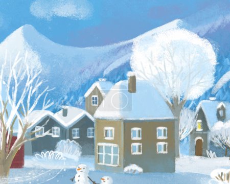Téléchargez les photos : Dessin animé scène de Noël avec la ville en hiver avec quelques enfants près de la ville jouer illustration de jeux d'hiver - en image libre de droit