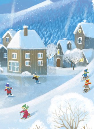 Foto de Dibujos animados escena de Navidad con la ciudad en el invierno con algunos niños cerca de la ciudad jugando juegos de invierno ilustración - Imagen libre de derechos