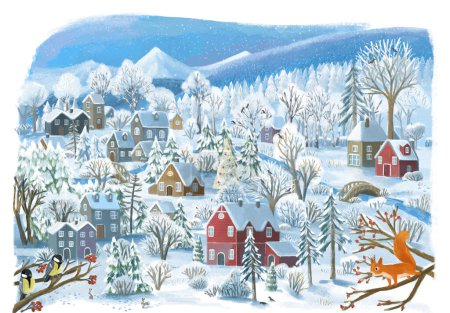 Foto de Escena de Navidad de dibujos animados con la ciudad en el invierno con algunos animales salvajes cerca de la ciudad ilustración para los niños - Imagen libre de derechos