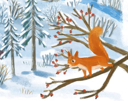 Téléchargez les photos : Dessin animé scène de Noël avec la ville en hiver avec une illustration d'écureuil pour les enfants - en image libre de droit