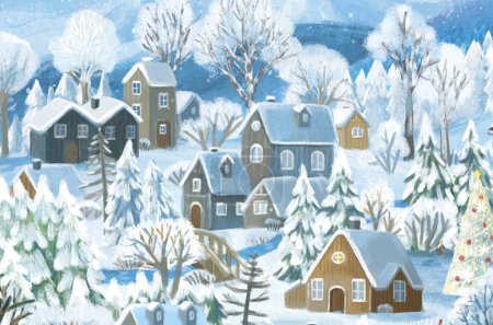 Foto de Escena de Navidad de dibujos animados con la ciudad en el invierno con algunos animales salvajes cerca de la ciudad ilustración para los niños - Imagen libre de derechos