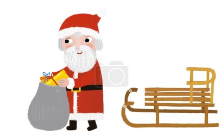 Photo for Cartoon happy christmas scene with santa claus with sleigh with presents illustration for kids - Royalty Free Image