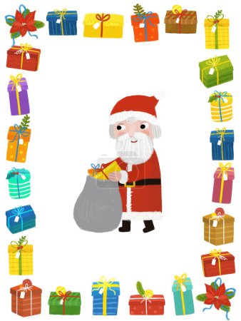 Photo for Cartoon scene with christmas party ornaments from nature like pine cone twig fir frame border with santa claus illustration for children - Royalty Free Image