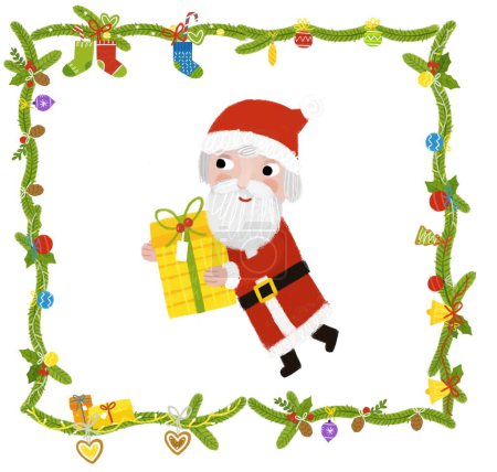 Foto de Escena de dibujos animados con adornos de fiesta de Navidad de la naturaleza como el borde del marco de abeto de rama de cono de pino con ilustración de Santa Claus para niños - Imagen libre de derechos