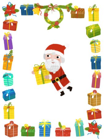Photo for Cartoon scene with christmas party ornaments from nature like pine cone twig fir frame border with santa claus illustration for children - Royalty Free Image