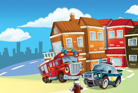 Téléchargez les photos : Scène de dessin animé avec des véhicules de service public camion de pompiers de police et illustration de voiture de sport pour enfants - en image libre de droit