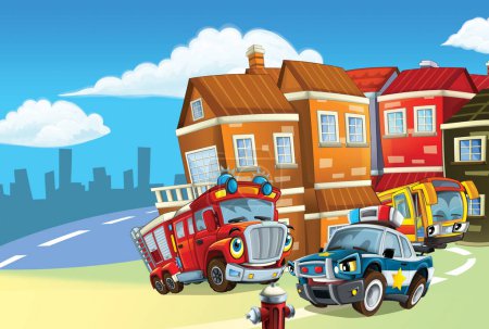 Téléchargez les photos : Scène de dessin animé avec des véhicules de service public police camion de pompiers bus et voiture de sport illustration pour les enfants - en image libre de droit