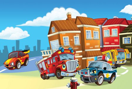 Foto de Escena de dibujos animados con vehículos de servicio público camión de bomberos de la policía y coche deportivo ilustración para niños - Imagen libre de derechos