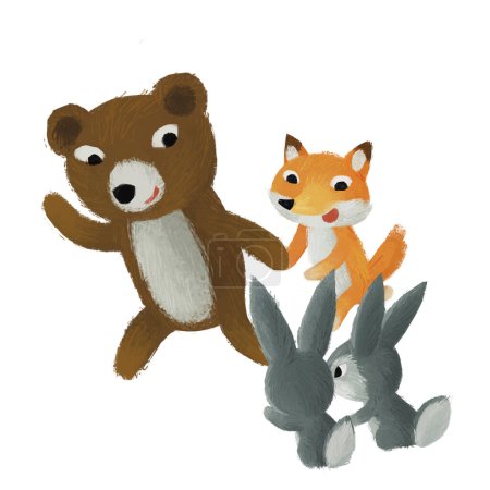Foto de Dibujos animados oso zorro y conejo amigos caminando buscando y sonriendo ilustración aislada para niños - Imagen libre de derechos
