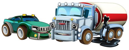Foto de Escena de dibujos animados con dos coches estrellarse en accidente coche deportivo y cisterna sitio de construcción ilustración aislada para niños - Imagen libre de derechos