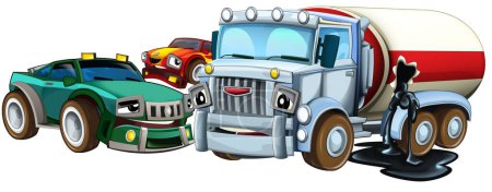 Photo for Cartoon scene with two cars crashing in accident sports car and construction site cistern isolated illustration for kids - Royalty Free Image