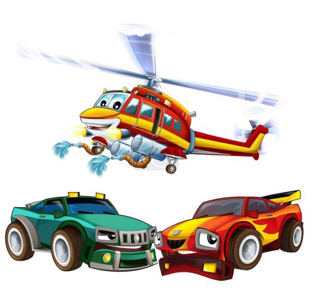 Foto de Escena de dibujos animados con dos coches deportivos estrellarse en accidente con helicóptero bombero volador ilustración aislada para los niños - Imagen libre de derechos