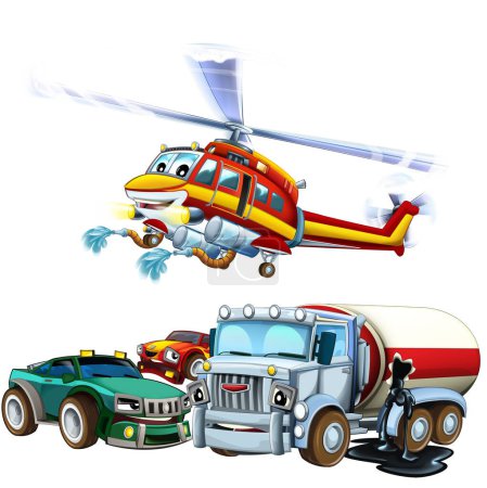 Photo for Cartoon scene with two cars crashing in accident sports car and construction site cistern with flying fireman helicopter isolated illustration for children - Royalty Free Image