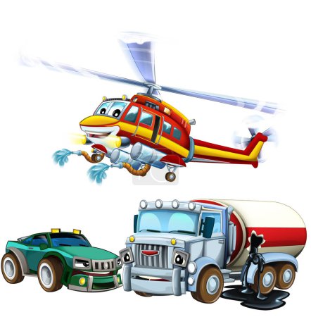 Foto de Escena de dibujos animados con dos coches estrellarse en accidente coche deportivo y cisterna sitio de construcción con helicóptero bombero volador ilustración aislada para los niños - Imagen libre de derechos