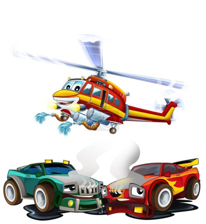 Photo for Cartoon scene with two sports cars crashing in accident  with flying fireman helicopter isolated illustration for children - Royalty Free Image