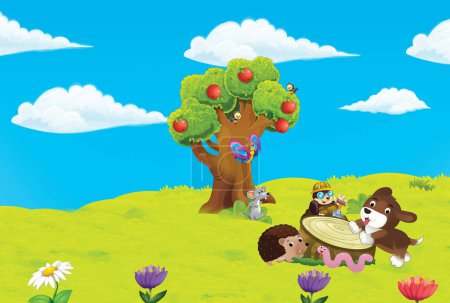 Téléchargez les photos : Scène de dessin animé avec ferme ranch jardin et animaux sur belle illustration de jour pour les enfants - en image libre de droit