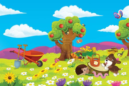 Téléchargez les photos : Scène de dessin animé avec ferme ranch jardin et animaux sur belle illustration de jour pour les enfants - en image libre de droit