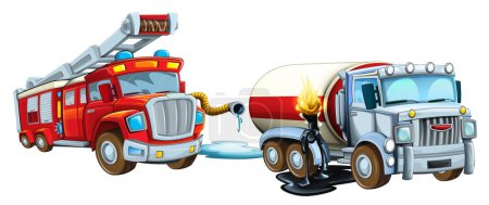 Téléchargez les photos : Scène de dessin animé avec camion pompier et citerne avec fuite après accident de voiture illustration isolée pour enfants - en image libre de droit