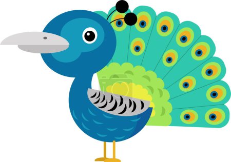 Téléchargez les photos : Scène de dessin animé avec paon animal oiseau stading heureux et fier illustration isolée pour les enfants - en image libre de droit
