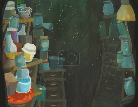 Photo for Cartoon scene with hidden hole of some pantry full of jars illustration for kids - Royalty Free Image