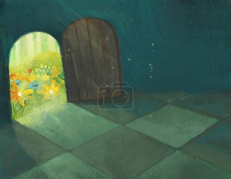 Photo for Cartoon scene in the hidden room of some castle like house and open doors illustration for kids - Royalty Free Image