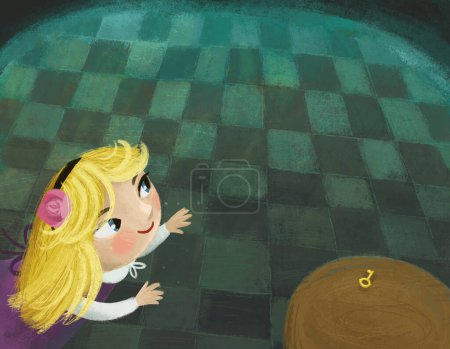Photo for Cartoon scene in the hidden room of some castle like house with lots of doors and round table and golden key illustration for kids - Royalty Free Image