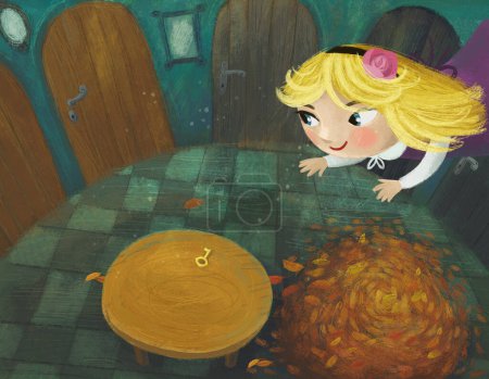 Photo for Cartoon scene in the hidden room of some castle like house with lots of doors and round table and autumn leafs illustration for kids - Royalty Free Image