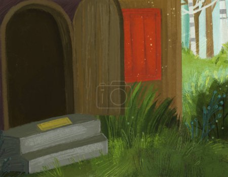 Téléchargez les photos : Scène de dessin animé dans la pièce cachée d'une maison confortable comme la maison avec beaucoup de portes illustration pour les enfants - en image libre de droit