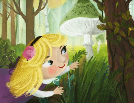 Téléchargez les photos : Scène de dessin animé avec prairie magique à la recherche dans la forêt dans la journée ensoleillée avec enfant fille petite princesse illustration pour enfants - en image libre de droit