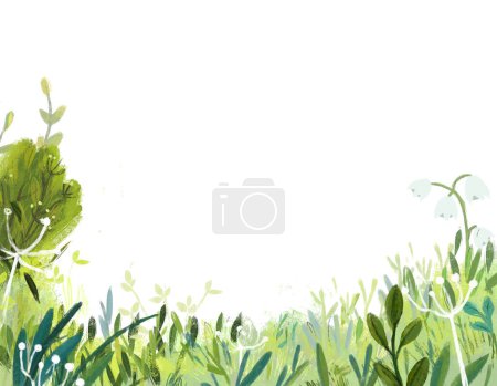 Téléchargez les photos : Scène de dessin animé avec prairie magique dans la forêt en journée ensoleillée illustration pour les enfants - en image libre de droit