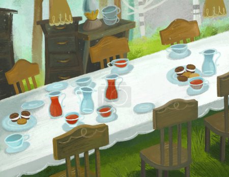 Foto de Escena de dibujos animados con mesa de cena como picnic en el bosque loca fiesta ilustración para niños - Imagen libre de derechos