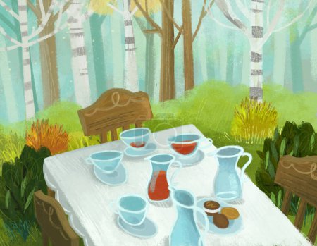 Téléchargez les photos : Scène de dessin animé avec table à manger comme pique-nique dans la forêt illustration de fête farfelue pour les enfants - en image libre de droit