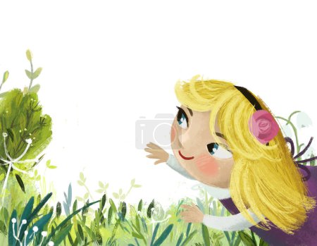 Photo for Cartoon scene with magicaly looking meadow in the forest in sunny day with little girl princess illustration for kids - Royalty Free Image
