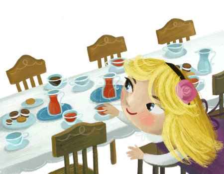 Foto de Escena de dibujos animados con mesa de cena y mucha comida sobre fondo blanco con niña princesa ilustración para niños - Imagen libre de derechos